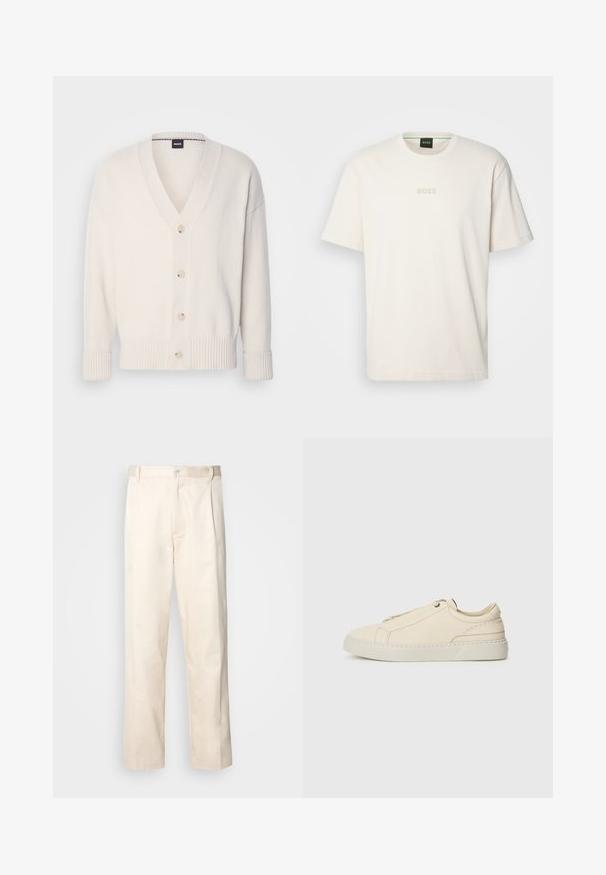 Cream cardigan with a V-neck, five button closure, ribbed cuffs and hem, made of soft material, featuring a simple, classic design.; BOSS TEE - Basic T-shirt - open white; Beige cotton trousers with a straight-leg cut, featuring a button closure and pleats at the front for added detail.; Beige leather sneaker with a rounded toe, minimalistic design, subtle stitching details, and a textured upper, on a light sole.