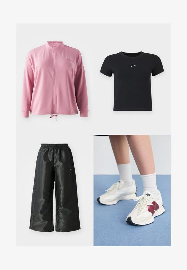 Giacca rosa con zip e colletto alto, maniche lunghe, coulisse all'orlo e ricamo del logo sobrio. Tessuto liscio e leggero.; T-shirt nera a maniche corte in cotone con scollatura rotonda. Presenta un logo Nike bianco sul petto, un design minimalista e una forma aderente.; Pantaloni sportivi neri con un tessuto lucido e morbido, dotati di una vita elasticizzata, gambe larghe e un piccolo logo sul lato sinistro.; Paio di sneakers bianche con accenti bordeaux, pannelli testurizzati, suola piatta nera e lacci leggeri, indossati con calzini bianchi alla caviglia.