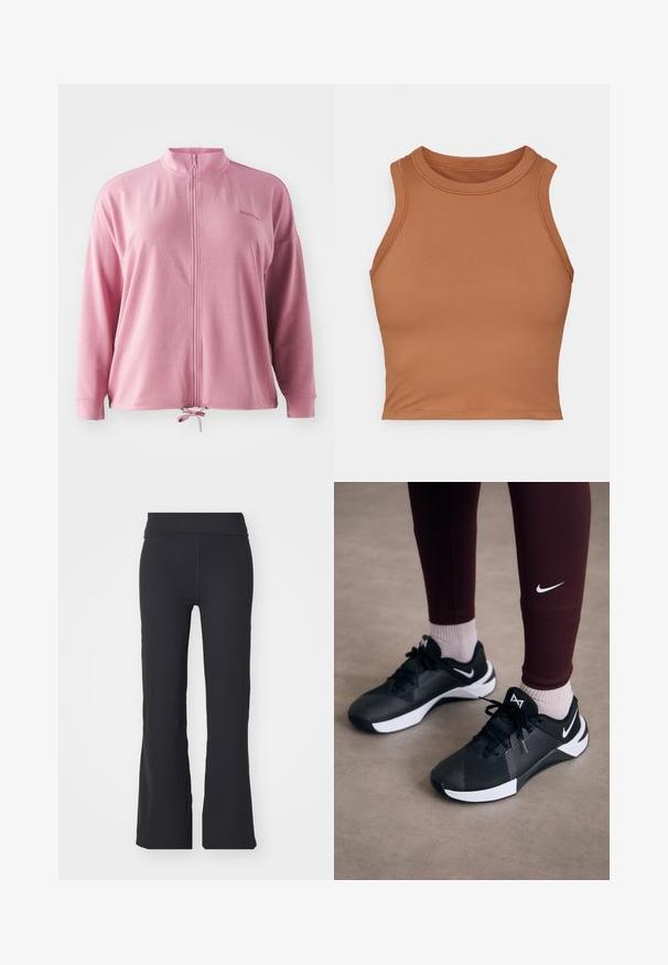 Casaco rosa com fecho éclair, gola alta, mangas longas, cordão na bainha e bordado discreto do logótipo. Tecido liso e leve.; Camisola castanha, sem mangas, feita de tecido liso. Apresenta um decote alto e bordas apertadas para um design ajustado.; Calças pretas com estilo flare feitas de um tecido elástico com uma cintura alta. Apresentam linhas limpas e uma textura suave, adequadas para uso casual.; Ténis atléticos pretos com um upper texturizado e detalhes brancos, apresentando atacadores e um logo lateral. Usados com leggings cor-de-vinho e meias claras.