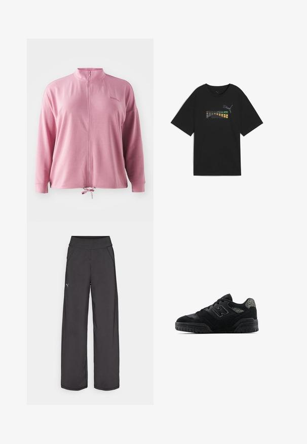 Veste zippée rose avec col montant, manches longues, cordon de serrage à l'ourlet et broderie de logo discrète. Tissu lisse et léger.; T-shirt noir à coupe décontractée, avec un graphique en texte multicolore "PUMA" et un logo sur la poitrine. Fabriqué en tissu de coton doux.; Pantalons de sport noirs avec une large ceinture, poches latérales et coutures plates. Présente un petit logo sur la jambe gauche. Fabriqué à partir d'un tissu lisse et extensible.; Baskets basses noires avec semelle texturée, design à lacets, panneaux en daim et accents à motifs sur le talon et le logo sur le côté.
