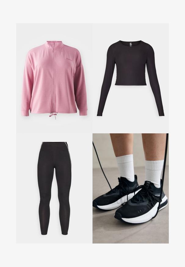 Veste zippée rose avec col montant, manches longues, cordon de serrage à l'ourlet et broderie de logo discrète. Tissu lisse et léger.; Haut cropped à manches longues noir en tissu côtelé. Il présente un col rond et une silhouette ajustée avec une surface texturée.; Leggings noirs en matériau extensible avec une taille haute. Ils présentent des rayures blanches sur les côtés et une texture lisse tout au long.; Chaussures de sport noires en tissu texturé, avec une semelle blanche et des lacets noirs. Portées avec des chaussettes blanches côtelées, debout sur une surface claire.