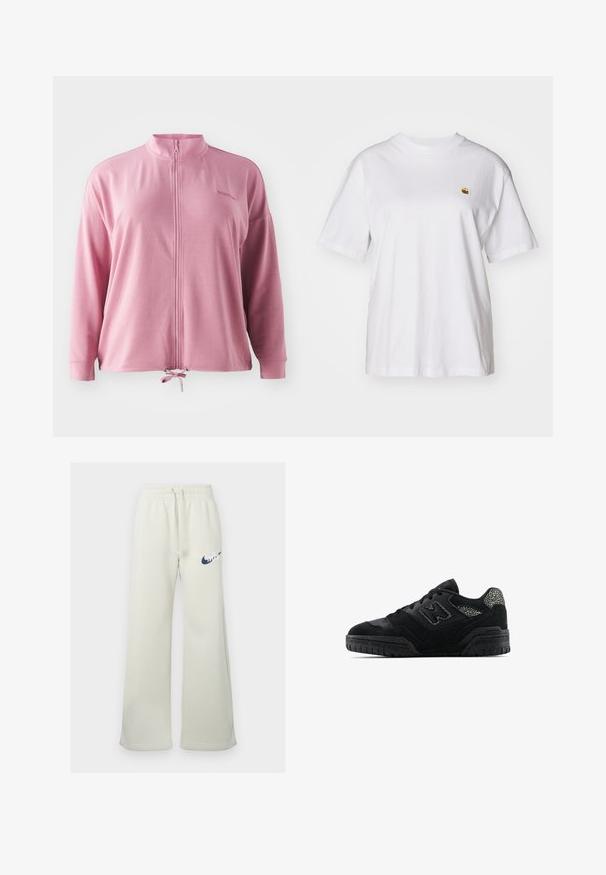 Chaqueta rosa con cremallera, cuello alto, mangas largas, cordón en el dobladillo y bordado de logo sutil. Fabricación de tejido suave y ligero.; Camisa de algodón blanca con corte relajado, mangas cortas y un pequeño logotipo bordado en el área del pecho izquierdo.; Pantalones de chándal color crema hechos de una mezcla de algodón, con un ajuste relajado, cinturilla elástica con cordón y un logo de Nike en navy en la parte delantera.; Zapatilla negra de perfil bajo con suela texturizada, diseño de cordones, paneles de gamuza y acentos con patrón en el talón y el logo lateral.