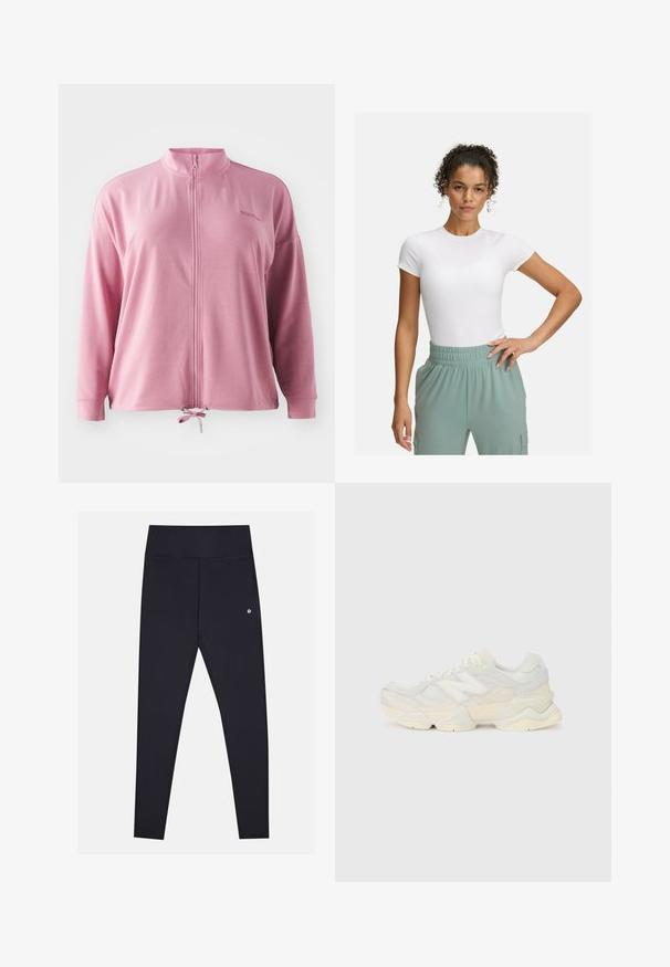 Rosa Kapuzenjacke mit hohem Kragen, langen Ärmeln, Kordelzug am Saum und dezenten Logo-Stickereien. Glattes, leichtes Material.; Weißes, körpernahes T-Shirt mit kurzen Ärmeln, kombiniert mit hellgrünen Hosen mit elastischem Bund. Glatte Textur, minimalistisches Design und keine sichtbaren Muster.; Schwarze Leggings aus weichem, dehnbaren Stoff mit hohem Bund, versehen mit dezenten Nähten und einem kleinen Logo an der Seite.; Leichte Sneaker mit einem Obermaterial aus Mesh und Wildleder in sanften Cremetönen, einer dicken Sohle und dreidimensionalen Akzenten.