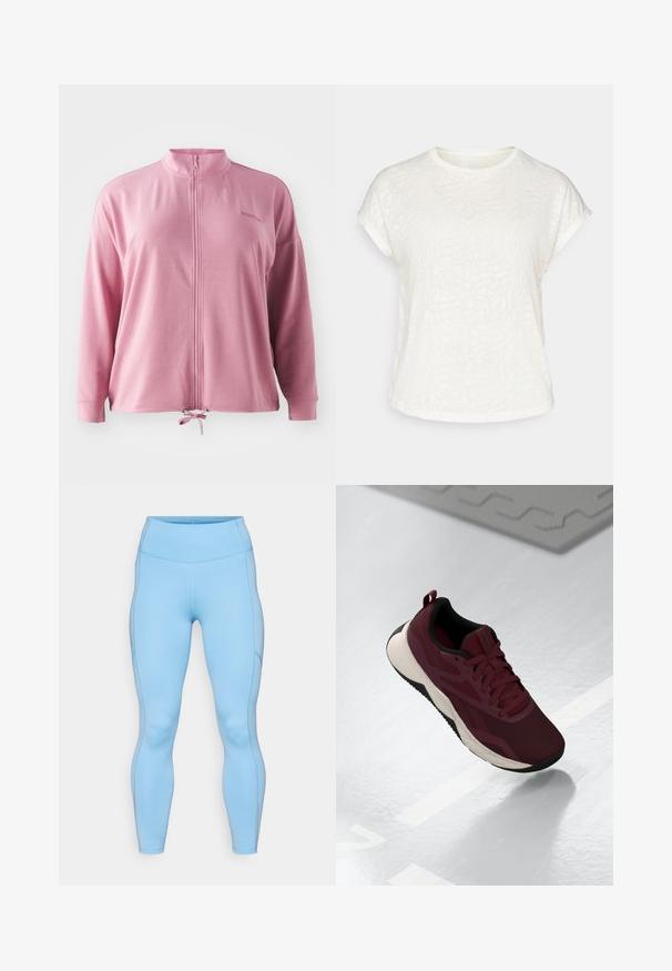 Rosa zip-up jakke med høy krage, lange ermer, snøring i kanten og subtil logo broderi. Glatt, lett stoff.; Hvit t-skjorte med korte ermer som har et teksturert blomstermønster, rund hals og avslappet passform. Laget av myk, lett stoff.; Lys blå leggings laget av elastisk stoff. Har høy midje, jevn tekstur og buede sømmer langs beina.; Burgunderfargede treningssko med mesh-overdel, svarte detaljer og en polstret hvit såle. Har snøring og et trekkpunkt på hælen.