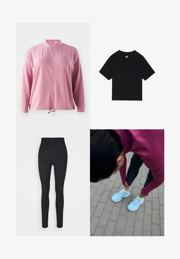 Rosa Kapuzenjacke mit hohem Kragen, langen Ärmeln, Kordelzug am Saum und dezenten Logo-Stickereien. Glattes, leichtes Material.; Schwarzes T-Shirt mit kurzen Ärmeln, geripptem Muster, Rundhalsausschnitt und Raglanärmeln. Hat ein kleines weißes Logo am Kragen.; Schwarze Leggings aus dehnbarem Stoff, mit einem hohen Bund, gerippten Einsätzen an den Seiten und einem figurbetonten Design, das sich an den Knöcheln verjüngt.; Helles blaues Sport- schuhe mit Netzoberteil und weißen Akzenten, getragen mit schwarzen Leggings und einem langen pinken Oberteil, auf einem gepflasterten Untergrund.