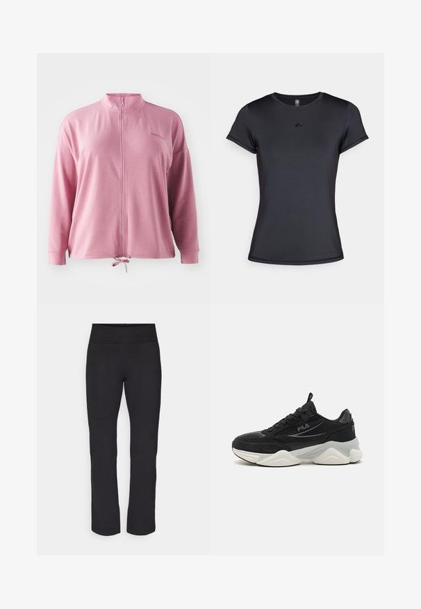 Veste zippée rose avec col montant, manches longues, cordon de serrage à l'ourlet et broderie de logo discrète. Tissu lisse et léger.; T-shirt noir à manches courtes en tissu lisse et respirant, avec un design de logo minimaliste sur le devant. Encolure classique.; Leggings noirs en tissu lisse et extensible avec une large taille. Ils ont des jambes droites et longues sans motifs ni accents visibles.; Baskets noires en mesh et suède, avec une semelle épaisse, une forme arrondie, des accents gris subtils et un logo de marque sur le côté.