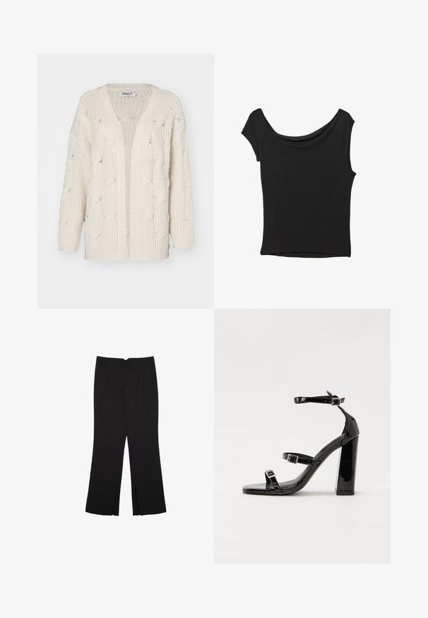 Cremefarbener Zopfstrick-Cardigan mit lockerer Passform, offenem Vorderteil und langen Ärmeln. Hat ein strukturiertes Muster und einen breiten, gerippten Saum.; Schwarzes Kurzarmoberteil aus glattem Stoff; hat einen drapierten Ausschnitt und einen asymmetrischen Saum, mit einem figurbetonten Körper.; Schwarze Hose mit geradem Schnitt, ausgestattet mit Fronttaschen und Seitenschlitzen am Saum. Hergestellt aus weichem, glattem Stoff. Geeignet für verschiedene Anlässe.; Schwarze patentierte Sandalen mit Absatz, quadratischer Spitze, Knöchelriemen und silbernen Schnallen. Mit einem stabilen Blockabsatz für mehr Stabilität.