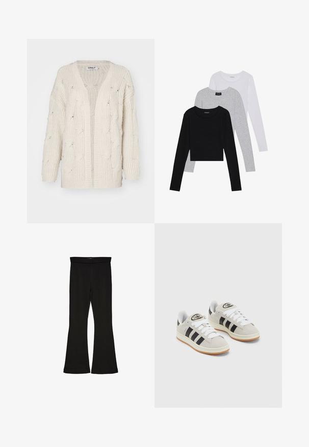 Κρέμα κοντό ζακέτα πλεκτού σε καλώδιο με χαλαρή εφαρμογή, ανοιχτό μπροστινό μέρος και μακριά μανίκια. Διαθέτει υφή και φαρδύ, ριμπ τελείωμα.; Τρία μπλουζάκια με μακριά μανίκια τοποθετημένα το ένα πάνω στο άλλο: μαύρο, γκρι και άσπρο. Κάθε μπλούζα έχει στρογγυλή λαιμόκοψη και cropped σχέδιο, κατασκευασμένη από απαλό, ελαφρύ ύφασμα.; Μαύρες κολάν με φουσκωτό σχέδιο, φτιαγμένες από ελαστικό ύφασμα. Διαθέτουν φαρδύ λάστιχο και λεία υφή, με εφαρμοστό σχήμα που ανοίγει στο τελείωμα.; Γκρίζα σουέτ αθλητικά παπούτσια με λευκές κορδόνες, μαύρες ρίγες και λευκή καουτσούκ σόλα. Διαθέτει κυκλικό λογότυπο στη γλώσσα και σόλα από καουτσούκ.