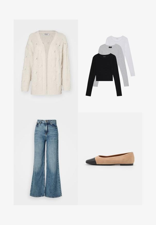 Crème kabelgebreide cardigan met een ontspannen pasvorm, open voorkant en lange mouwen. Kenmerkt een gestructureerd patroon en een brede, geribbelde zoom.; Drie langmouwige tops gestapeld: zwart, grijs en wit. Elke top heeft een ronde halslijn en een cropped ontwerp van soepel, lichtgewicht materiaal.; Hooggewaisted, lichtblauwe wijdvallende denimjeans met voorzakken en knoopsluiting, weergegeven tegen een effen witte achtergrond.; Beige suède ballet flats met een zwarte leren ronde neuskap, lage hak en een gladde textuur, met minimale stiksels en een schone uitstraling.