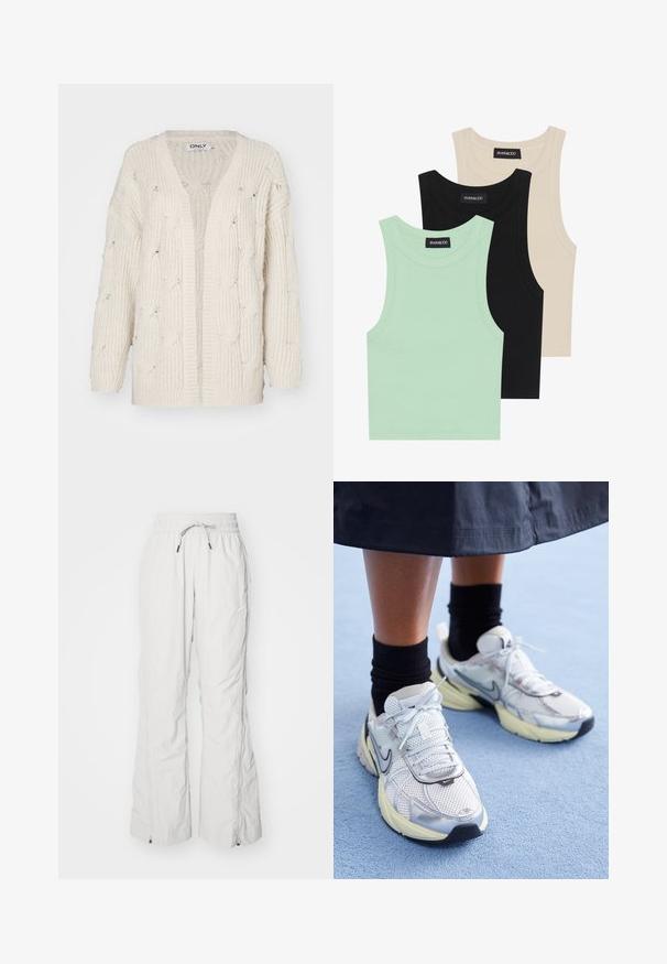 Cardigan crema a maglia cable con vestibilità rilassata, apertura frontale e maniche lunghe. Presenta un motivo testurizzato e un ampio orlo a costine.; Tre canotte in verde menta, nero e beige; realizzate in tessuto a coste con scollatura rotonda e senza maniche. Etichetta del brand visibile.; Pantaloni cargo grigi chiari realizzati in tessuto testurizzato, con vita elastica e laccetto, tasche laterali e cerniere alle caviglie.; Nike sneakers bianchi e argento con tessuto in rete, dettagli riflettenti e suola beige. Indossati con calze nere, in piedi su una superficie blu.