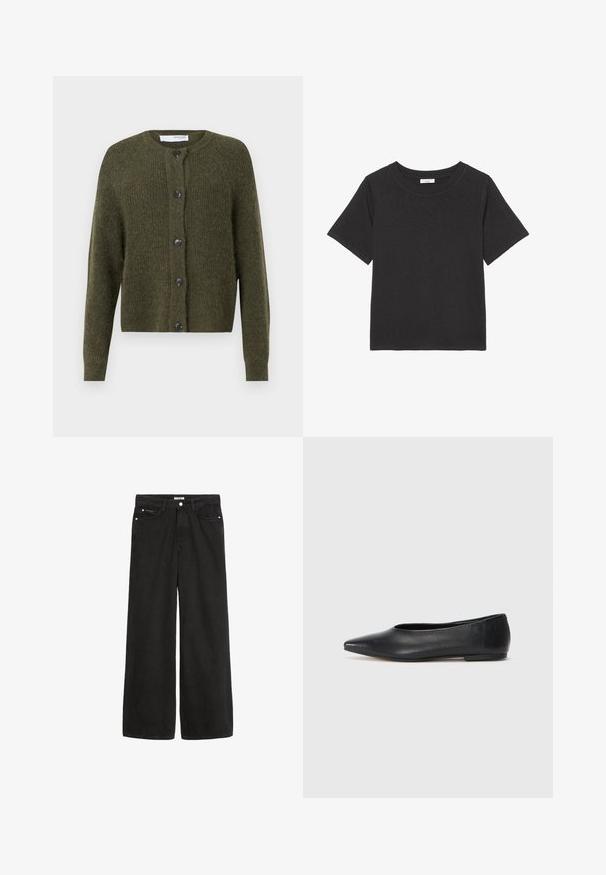 Maslinasto zeleni cardigan izrađen od teksturiranog pletenog materijala, s okruglim izrezom, dugim rukavima i šest tamnih dugmadi sprijeda.; Crna majica izrađena od mekog materijala, s okruglim izrezom i kratkim rukavima. Dizajn je jednostavan bez vidljivih uzoraka ili akcenata.; Crne traperice širokih nogavica s visokim strukom. Ima pet džepova, metalne detalje i čisti završetak. Tekstura je glatka i mekana.; Crne kožne balerinke, uski vrh, minimalistički dizajn, glatka tekstura, niska peta, bez vidljivih dodataka ili ukrasa.