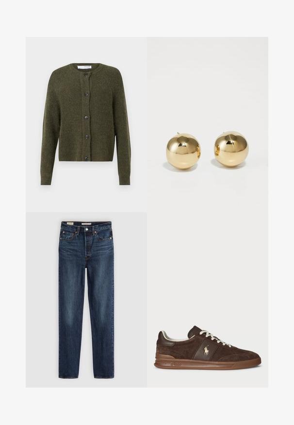 Olivnozeleni kardigan iz teksturiranega pletenega materiala, s krojnim izrezom, dolgimi rokavi in šestim temnim gumbi, ki zapirajo sprednji del.; Temno rjava bombažna majica s krožno izrezanim vratom, kratkimi rokavi in sproščenim krojem. Preprost dizajn brez vidnih vzorcev ali dodatkov.; Temno modri naravni kavbojke z ravnimi nogavicami, petimi žepi, zapenjanjem na gumb in zadrgo ter kontrastnim šivom.; Rjavi semiš športni copati z teksturiranimi paneli, belimi vezalkami in zlatim logotipom. Imajo gumijast podplat in oblazinjen ovratnik za udobje.; Zlati okrogli uhani s poliranim zaključkom in majhnim držalom. Imajo gladko teksturo in odsevno površino.