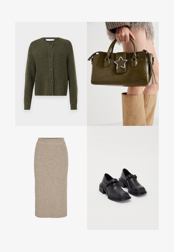 Olivovo zelený sveter vyrobený z textúrovanej pleteniny, s okrúhlym výstrihom, dlhými rukávmi a šiestimi tmavými gombíkmi na zapínanie v prednej časti.; Pruhovaný crop top z off-white pleteniny. Dlhé rukávy s rebrovanou textúrou a malými výrezmi okolo výstrihu.; Pletená ceruzková sukňa v svetlej béžovej farbe, s rebrovanou textúrou, vysokým pasom a obtiahnutým strihom. Lemuje sa pod kolenami.; Čierne kožené topánky s okrúhlou špičkou, plochou podrážkou a remienkom s detailom pracky. Hrubý blokový opätok pre väčšiu stabilitu.; Olive zelená kabelka z faux kože s striebornou hviezdou, dvojitými uchami a zipsovým uzáverom. Textúrovaný povrch a štruktúrovaný tvar.