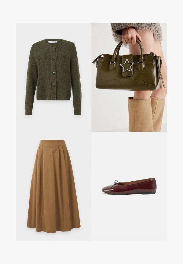 Vihreä oliivinvärinen neuletakki, joka on valmistettu tekstuurikudinmateriaalista. Siinä on pyöreä pääntie, pitkät hihat ja kuusi tumman väristä nappia edessä.; Kreemi värvi fliisvest ümmarguse kaeluse, eesnööbiga sulgemise ja kahe suure kleebitava taskuga. Omab tekstuurset pinda ja kontrastseid ääriseid.; Valkoinen napitettava paita, joka on valmistettu sileästä puuvillasta. Paidassa on klassinen kaulus, pitkät hihat ja kaareva helma. Nappien koko on pieni ja ne ovat valkoiset.; Ruskea puuvillainen A-linjainen hame korkealla vyötäröllä, jossa on laskokset edessä ja sileä pinta. Helma on viimeistelty siististi ja yksinkertaisesti.; Burgundin värinen lakattu nahkainen ballerinatossu pyöreällä varvaskärjellä, pienen nauhan yksityiskohdalla edessä ja matalalla mustalla kumipohjalla. Sujuva pinta.; Vihreä oliivinvärinen mokkanahkainen käsilaukku, jossa on hopeinen tähti koristeena, kaksinkertaiset kahvat ja vetoketjusulku. Teksturoitu pinta ja rakenteellinen muoto.