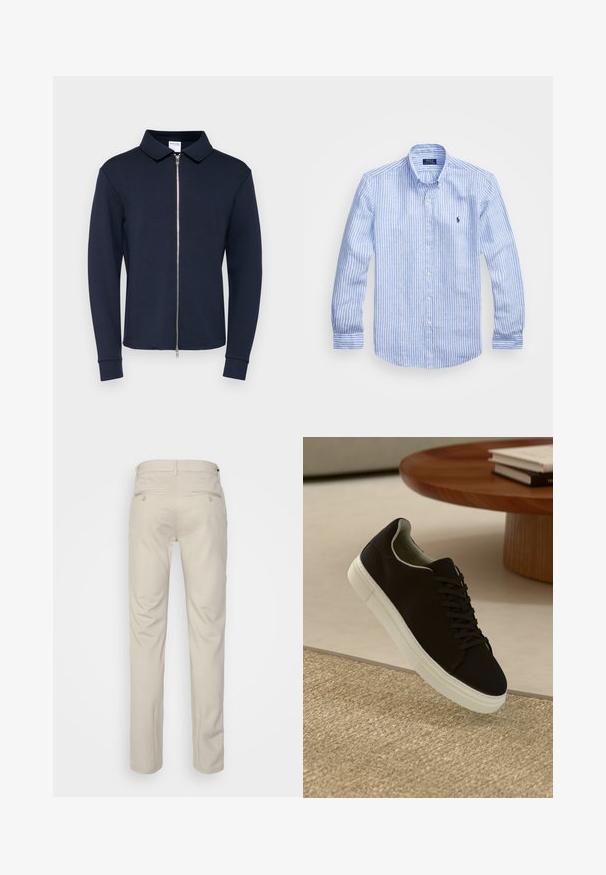 Navy blue zip-up jacket with a collar, long sleeves, and ribbed cuffs, made from a smooth, stretchy fabric. Silver zipper detail at the front.; Blue and white striped long-sleeve shirt made of cotton, featuring a button-down collar, front buttons, and a small embroidered logo on the chest.; Beige trousers with a smooth texture, straight cut, two back pockets with buttons, and a standard waistband.; Black sneaker with white sole floating above beige textured rug near round wooden table with stacked books.