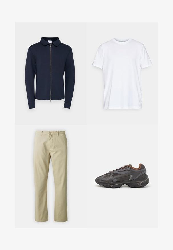 Tumši zilas krāsas džemperis ar rāvējslēdzēju, ar apkakli, garām piedurknēm un ribotām aprocēm, izgatavots no gludas, elastīgas auduma. Sudraba rāvējslēdzējs priekšpusē.; Balta kokvilnas T-krekls ar īsām piedurknēm, apaļu kakla izgriezumu un brīvu piegriezumu. Iezīmē minimālisma dizainu, bez rakstiem vai akcentiem.; Beidzīgo kokvilnas bikses ar taisnu kāju piegriezumu, priekšējo pogu aizdari un jostas cilpām. Gluda tekstūra, nav redzamu rakstu vai akcentu.; Lacoste kedas tumši pelēkā krāsā ar acu audumu un sintētisko materiālu, ar teksturētu zoli un brūniem akcentiem apkaklītē un zīmola uzrakstā.