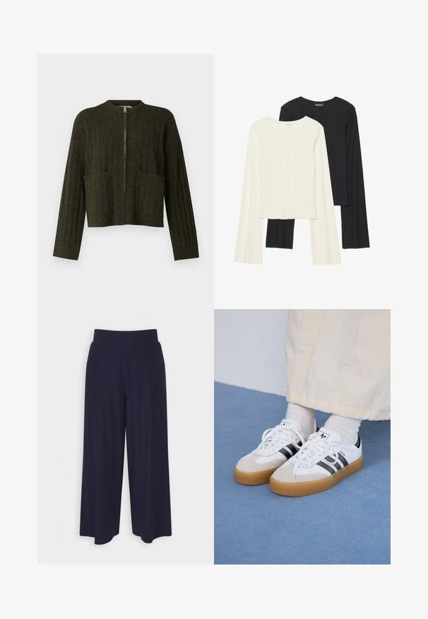 Mørkegrønn cropped genser med ribbestruktur, vide ermer, to frontlommer og en sentral metallglidelås.; Sett med to langermede topper i hvit og svart. Ribbete tekstur, rund hals, tettsittende design med lett utsvingte ermer.; Bredde bukser i mørk marineblå stoff med ribbet tekstur. Har en glatt midje og en luftig silhuett, som når midt på leggen.; Hvite sneakers med svarte striper og beige semsket skinn-detaljer. Har en teksturert gummisåle og flate hvite snører, brukt med lyse sokker.