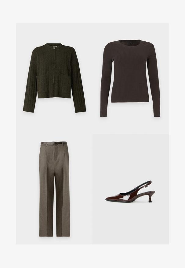 Sötétzöld, rövidített pulóver bordázott textúrával, széles ujjal, két elülső zsebbel és középső fém cipzárral.; Barna, hosszú ujjú bordázott felső, kerek nyakkivágással. Simább, rugalmas anyagból készült, illeszkedő fazonú és minimális részletezéssel.; Barna, egyenes szabású, testre szabott nadrág sima textúrával, övhurkokkal és lapos elülső kialakítással.; Barna lakkbőr slingback cipő hegyes orral és mérsékelt sarkal. Biztonságos illeszkedést biztosító csattal rendelkezik. Sima textúra.