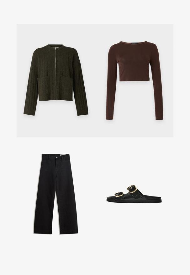 Tmavo zelený skrátený sveter s rebrovanou textúrou, širokými rukávmi, dvoma prednými vreckami a centrálnym kovovým zipsom.; Hnedý dlhý rukáv cropped top vyrobený z hladkého materiálu, s okrúhlym výstrihom a priliehavým strihom. Bez viditeľných vzorov alebo akcentov.; Čierne denimové nohavice s širokými nohavicami a vysokým pásom, so prednými a zadnými vreckami, šitými švami a zapínaním na gombík. Hladká textúra.; Čierne šľapky s dvoma zlatými prackami, hladký textúrovaný materiál, plochá podrážka a minimalistický dizajn.