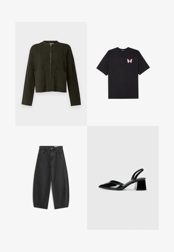 Temno zeleno skrajšano pulover s rebrasto strukturo, širokimi rokavi, dvema sprednjima žepoma in osrednjim kovinskim zadrgo.; Črna bombažna majica s kratkimi rokavi, ki ima majhen roza metuljček na levi strani prsnega dela. Majica s krožnim ovratnikom in sproščenim krojem.; Črne široke jeans hlače z visokim pasom, sprednjimi žepnimi, zankami za pas in gumbom za zapiranje, prikazane ravno na belem ozadju.; Črne lakirane slingback pete s koničastim nosom in geometrijsko blokasto peto. Imajo eleganten, minimalističen dizajn in gladko teksturo.