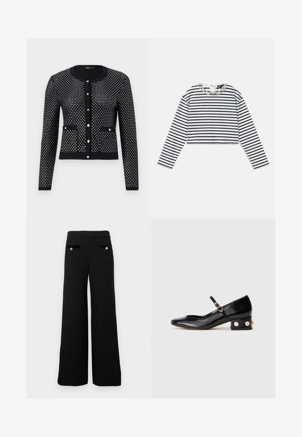 Mustra musta kardigan hõbedaste täppidega, millel on soonikkoes varrukate otsad, eesmine taskud ja ümar kaelus. Kinnitatud viie metallnõelaga.; Ribidega valge ja tumesinise tooniga pika varrukaga topp, lühikese disainiga ümmarguse kaelusega, millel on dekoratiivne hõbedane kett kaeluse detailina.; Mustad laiad püksid, mis on valmistatud tekstuursest kangast, sisaldavad kahte eesmist taskut musta sameti aktsentide ja kuldsete nööpdetailidega.; Must musta läikivast nahast Mary Jane kingad, millel on ruudukujuline varvas, pahkluu rihm ja madal blokknakk, kaunistatud kahe kuldse aktsendiga rhinestone'iga.