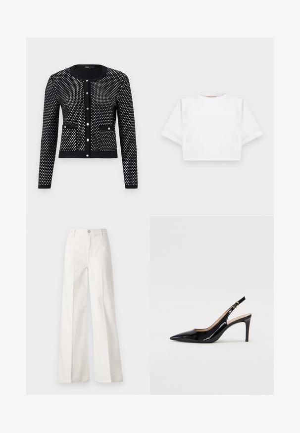 Schwarze Strickjacke mit silbernem Punktmuster, ausgestattet mit gerippten Bündchen, vorderen Taschen und Rundhalsausschnitt. Mit fünf metallischen Knöpfen verschlossen.; Beschnittenes weißes T-Shirt aus weichem Stoff, mit kurzen Ärmeln, rundem Halsausschnitt und gerippten Saumdetails. Einfaches und schnörkelloses Design.; Weiße weite Hosen aus Baumwolle mit glatter Textur. Sie verfügen über einen vorderen Knopf, einen Reißverschluss und ein Design mit vier Taschen.; Schwarz lackierte Slingback-Pumps mit spitzem Zehenbereich, schlankem Absatz und einem subtilen Ausschnittdesign. Verfügt über eine goldene Schnalle am Riemen.