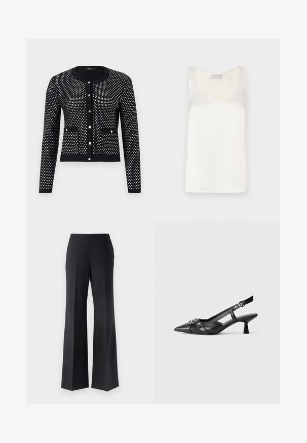 Čierny kardigán so strieborným bodkovaným vzorom, s rebrovanými manžetami, prednými vreckami a okrúhlym výstrihom. Zapínanie na päť kovových gombíkov.; Biele saténové bezrukávové tielko s kruhovým výstrihom a hladkým povrchom, s jemným leskom a čistými okrajmi.; Čierne priliehavé nohavice s rozšíreným strihom nohavíc, s vertikálnymi záhybmi a hladkou textúrou. Žiadne viditeľné kovové prvky alebo akcenty.; Čierne kožené slingback topánky s špicatou špičkou, ozdobnými popruhmi s kovovými očkami a nízkym blokovým podpätkom. Textúrovaný povrch.