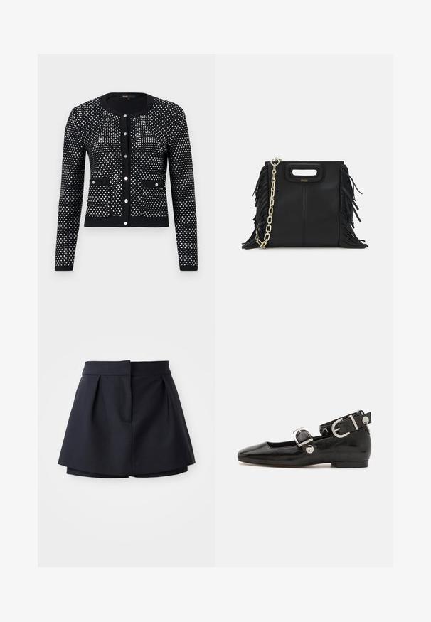 Svart cardigan med sølvprikk mønster, med ribbede mansjetter, forlommer og rund hals. Festet med fem metallknapper.; Marineblå ribbestrikket polo skjorte med spiss krage, korte ermer og to frontlommer med trykknapper; fremhevet med hvite søm detaljer.; Marineblå, pregede shorts med høj talje, lavet af blødt stof. Har et tætsiddende design og en skjult forlommek.; Sorte lakkderflat sko med firkantet tå, ankelstropp med sølvfarge detaljer, og flat såle. Glatt tekstur med minimalistisk design.; Svart læderhåndtaske med frynsedetaljer, guldkæde skulderrem og udskåret håndtag. Har logo placeret på forsiden.