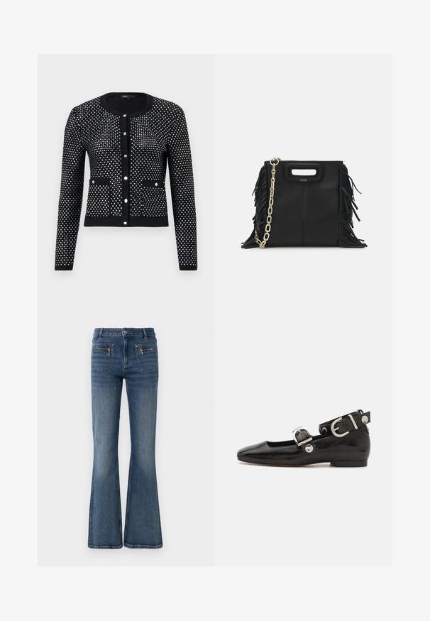 Melnā adīta jakā ar sudraba punktiņu rakstu, ar līdzenajām aprocēm, priekšējām kabatām un apaļu kakla izgriezumu. Aizdarāma ar pieciem metāliskiem pogām.; Jūras spēku ribots polo krekls ar norādītu apkakli, īsām piedurknēm un divām priekšējām kabatām ar pogām; uzsvērts ar baltām šuvēm.; Izliekta zila džinsa bikses ar vidēju jostasvietu, ar priekšējām un aizmugurējām kabatām un vieglu izbalējušu toņu.; Melnas laika patenta ādas dzīvokļu kurpes ar kvadrātu purngalu, potītes siksna ar sudraba furnitūru un platu zoli. Gluda tekstūra ar minimālu dizainu.; Melna ādas rokassoma ar frizūras detaļām, zelta ķēdes plecu siksnu un izgrieztu rokturi. Ir logotipa novietojums priekšpusē.