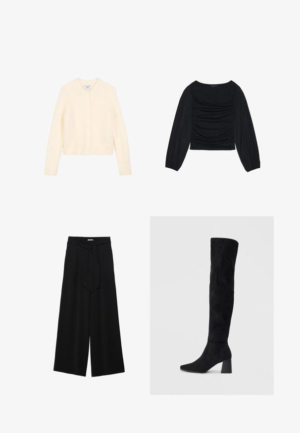 Ivory cropped cardigan made of soft knit fabric, featuring a round neckline, button-up front, and ribbed cuffs and hem.; Black long-sleeve top featuring gathered fabric detail at the front and wrists, made of soft, stretchy material with a boat neckline.; Black wide-leg pants featuring a textured fabric, an elastic waistband, and a detachable sash tie at the waist for adjustable fit.; Black suede knee-high boot with block heel, pointed toe, and smooth, seamless design on a plain light background.