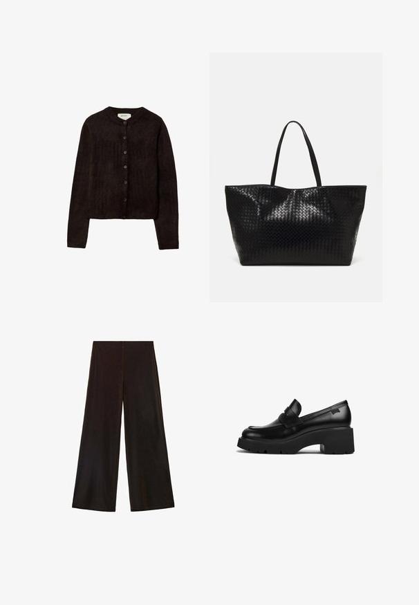 Mørkebrun cardigan med rund hals, knaplukning og lange ærmer. Fremstillet af blødt strik materiale med en glat tekstur.; Marineblå satin langærmet skjorte med krave, frontknapper og sidelommer. Glat tekstur og skræddersyet pasform.; Sorte brede bukser lavet af blødt stof, med høj talje og en glat tekstur, der har rene linjer og ingen synlige lukninger.; Sorte læder loafers med chunky hæl, tyk sål og en remdetalje henover, vist fra siden på en hvid baggrund.; Sort vævet tote bag med to robuste håndtag, der har en blank overflade og et rummeligt åbent top design.