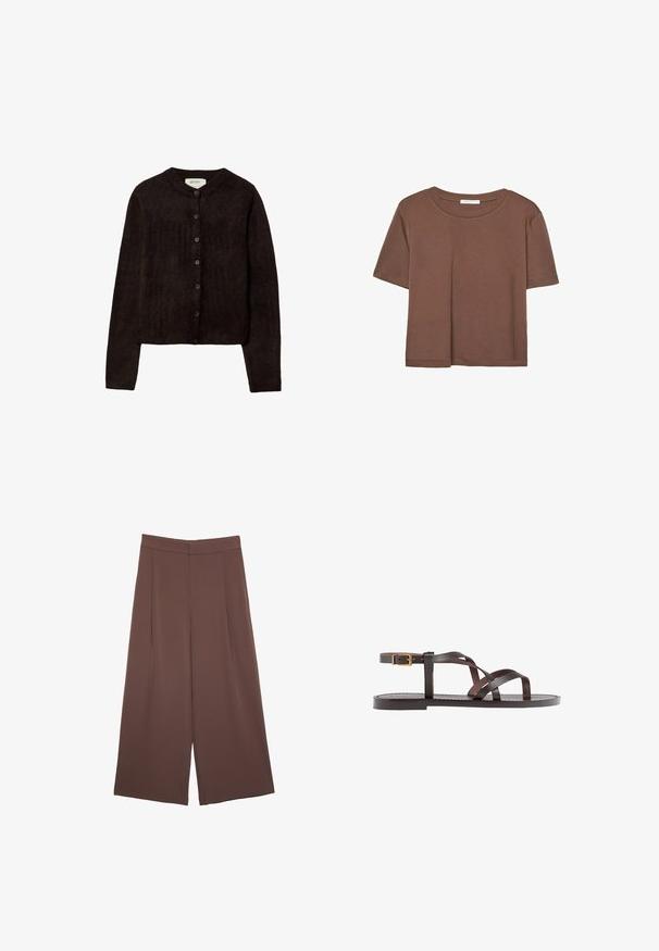 Dunkelbraune Strickjacke mit rundem Ausschnitt, Knopfschluss und langen Ärmeln. Hergestellt aus weichem Strickmaterial mit einer glatten Textur.; Braunes, kurzärmliges T-Shirt aus weichem Material mit rundem Halsausschnitt und lockerer Passform. Keine sichtbaren Muster oder Akzente.; Braune Weite-Leg-Hosen mit einer glatten Textur, hoher Taille und Vorderfalten. Der Stoff ist leicht und fällt locker.; Braune Leder-Sandale mit überkreuzten Riemen, einem Knöchelriemen mit Schnalle und einer flachen Sohle mit minimalen Nähdetails.