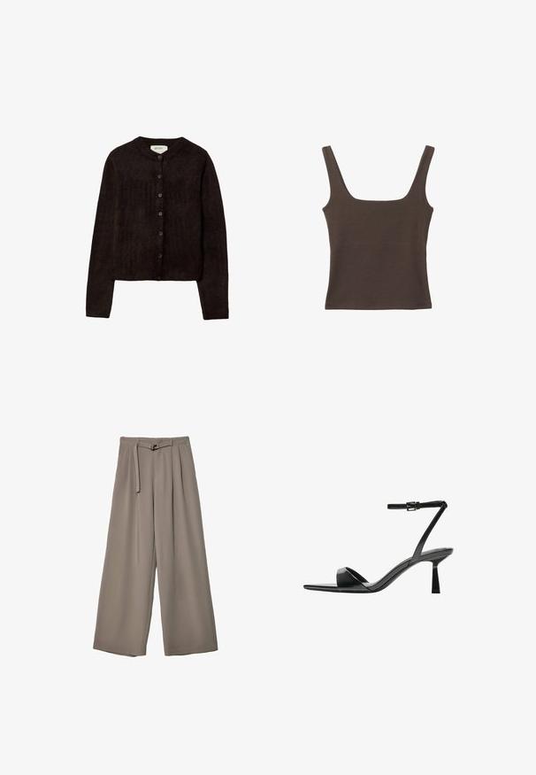 Cardigan marrone scuro con scollo rotondo, chiusura a bottoni e maniche lunghe. Realizzato in morbido materiale a maglia, presenta una texture liscia.; Top senza maniche marrone con scollo quadrato, realizzato in tessuto morbido ed elastico. Presenta un design aderente e cuciture piatte.; Pantaloni a gamba larga in un morbido tessuto grigio tenue, con vita con cintura e pieghe per un tocco di design aggiuntivo. Texture liscia, senza motivi.; Bershka Sandali con tacco - black