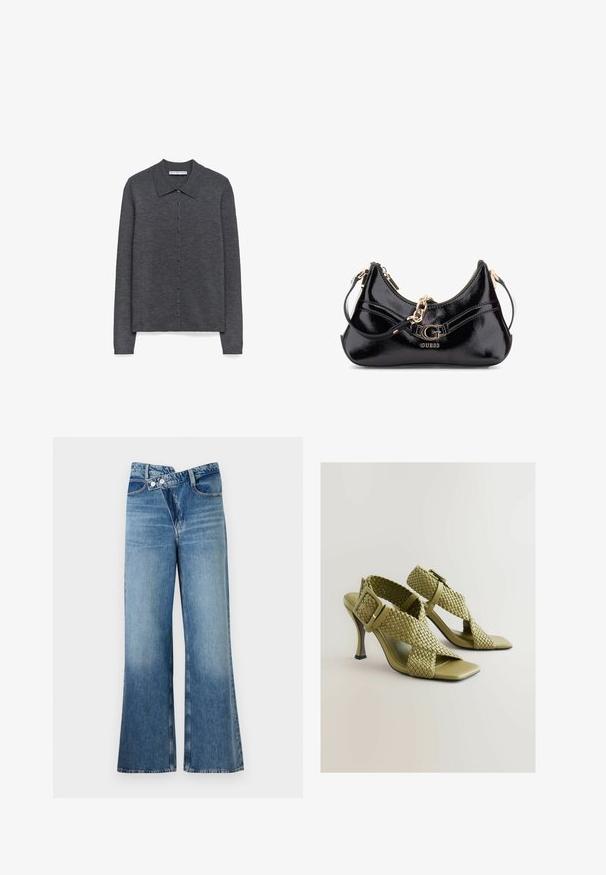 Ciemnoszary, dziany kardigan z kołnierzykiem, długimi rękawami i zapięciem na guziki. Posiada gładką teksturę i subtelny wzór prążków.; Czarny bezrękawnik z głębokim dekoltem w kształcie litery V, z marszczonym detalem tkaniny i gładką teksturą. Prosty krój, bez ozdób.; Jasnoniebieskie dżinsy o fasonie dzwonów z wysokim stanem, z dwiema guzikami i kieszeniami z przodu. Materiał ma wyblakłą fakturę z subtelnymi odcieniami.; Zielone plecione sandały na obcasie z regulowanym zapięciem, kwadratowym otwartym noskiem i gładką podeszwą. Charakteryzują się eleganckim, smukłym obcasem oraz teksturowanymi paseczkami.; Czarna torebka z lakierowanej skóry o zakrzywionym kształcie, z złotymi akcentami oraz wyraźnym logo. Zawiera odpinany pasek na ramię.