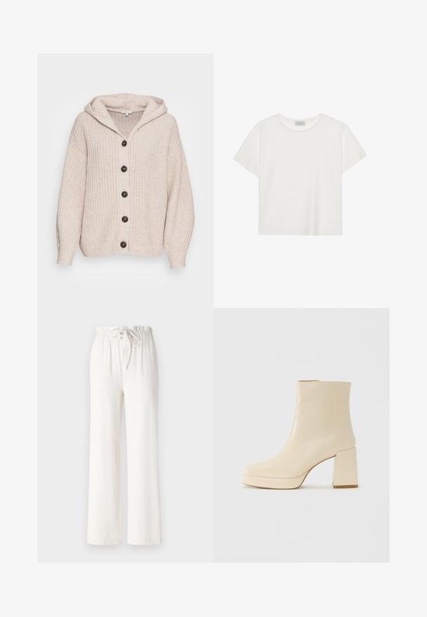 TOM TAILOR Casaco de malha - cold beige melange; T-shirt branca de manga curta feita de algodão macio. Apresenta um decote redondo e um corte descontraído. Design limpo sem padrões ou detalhes visíveis.; Calças largas brancas feitas de tecido macio, com uma cintura elástica e textura suave. Sem padrões ou adornos visíveis.; Bota ankle de couro bege com salto bloco e sola plataforma, acabamento suave e bico ligeiramente quadrado, virada para a esquerda em fundo branco.