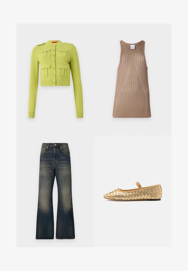 Roheline kudumiskardigan ümmarguse kaelusega, nööbikinnisega ja nelja esikäepidemega. Omab ribatud varrukaid ja allääri.; Bež, ilma varrukateta kudum, ribitud tekstuuriga, A-line kujuga ja delikaatsete diagonaallõike detailidega.; Tumed sinised flared teksapüksid, millel on pleekinud pesu, viie tasku, nööbiga kinnitamine ja kontrastsete õmbluste detailid.; Loeffler Randall LEONIE SOFT BALLET FLAT - Pahkluurihmadega baleriinad - gold