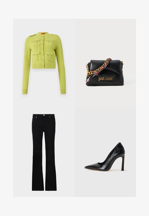 Zelený pletený kardigán s okrúhlym výstrihom, zapínaním na gombíky a štyrmi prednými vreckami. Obsahuje rebrované manžety a lem.; Čierny bodysuit s dlhým rukávom a hlbokým V-výstrihom, s vrstveným systémom volánov cez hruď a zvonovými rukávmi. Hladká, elastická tkanina.; Čierne rozšírené džínsy vyrobené z denimu, s dvoma prednými vreckami, zapínaním na gombík a hladkým povrchom. Viditeľné podpisové šitie na švoch.; Čierna lodička s špicatou špičkou a lakovanou textúrou krokodíla, s elegantným dizajnom, vysokým stiletto podpätkom a hladkým čiernym interiérom.; Čierna kožená kabelka so zlatým reťazovým popruhom, s vzorovaným látkovým akcentom a so zlatým logom embosovaným na prednej strane.