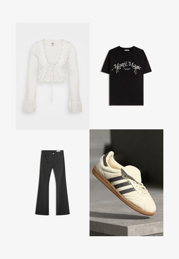 White cropped cardigan with a knitted texture, scalloped edges, long bell sleeves, and a drawstring closure at the front.; Black cotton t-shirt featuring "Mostly Magic" text in white, adorned with decorative pearl accents. Short sleeves, relaxed fit, crew neck.; Black flared jeans made of denim with a smooth texture, featuring two back pockets and a button closure at the waist.; Cream leather sneaker with three dark stripes, a brown gum outsole, and a rounded toe. Features a foldable tongue labeled "SAMBA."