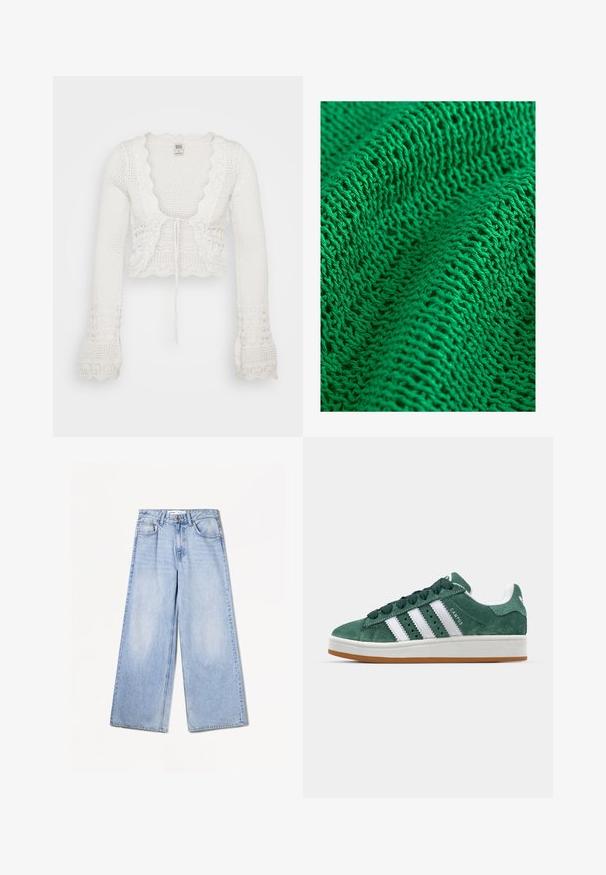 Cardigan alb scurt cu o textură tricotată, margini ondulate, mâneci lungi tip clopot și un închizător cu șnur în față.; Textil tricotat verde cu un model texturat, având o țesătură liberă și deschisă, care evidențiază fire fine și mai multe cusături vizibile.; Bershka WIDE-LEG - Wide leg - light-blue denim; Tenis verde din suede cu dungi albe din piele, talpă din cauciuc, guler căptușit și design minimalistic. Prezintă branding pe lateral.