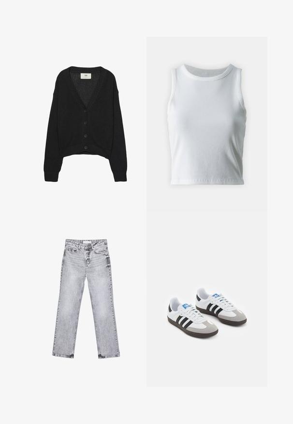 Cardigan in maglia nera con scollo a V, maniche lunghe e orlo corto. Presenta una chiusura con bottoni e polsini a coste. Tessuto texture.; Top a canotta bianco a coste con scollatura rotonda e senza maniche, caratterizzato da un orlo dritto e una texture liscia e elastica.; Jeans in denim grigio con taglio dritto, dettagli sfilacciati, cinque tasche e rivetti in rame. La cintura presenta un'etichetta con il logo.; Scarpe sportive con tomaia in pelle bianca, punta in suede grigia e tre strisce nere. Presentano un logo blu sulla linguetta e una suola in gomma testurizzata.