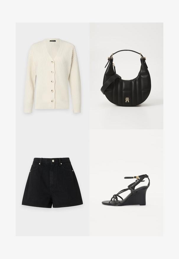 Cremefarvet ribbede cardigan med V-udskæring, lange ærmer og fem frontknapper. Blød tekstur med en figursyet silhuet.; Sort bomulds T-shirt med rullede korte ærmer, der har et præget logo i midten og en lille flagdetalje på siden.; Sorte denimshorts med høj talje, fem lommer, sølvhardware og standardpasform, der har en glat tekstur og en pæn finish.; Sorte kilehæle sandaler med tynde, krydset stropper og en justerbar ankelrem med en guldbuckle. Glat læderfinish.; Sort læderhandtaske med en bøjelig form, kviltet tekstur og guld hardware. Har en aftagelig skulderrem og logo-detalje.