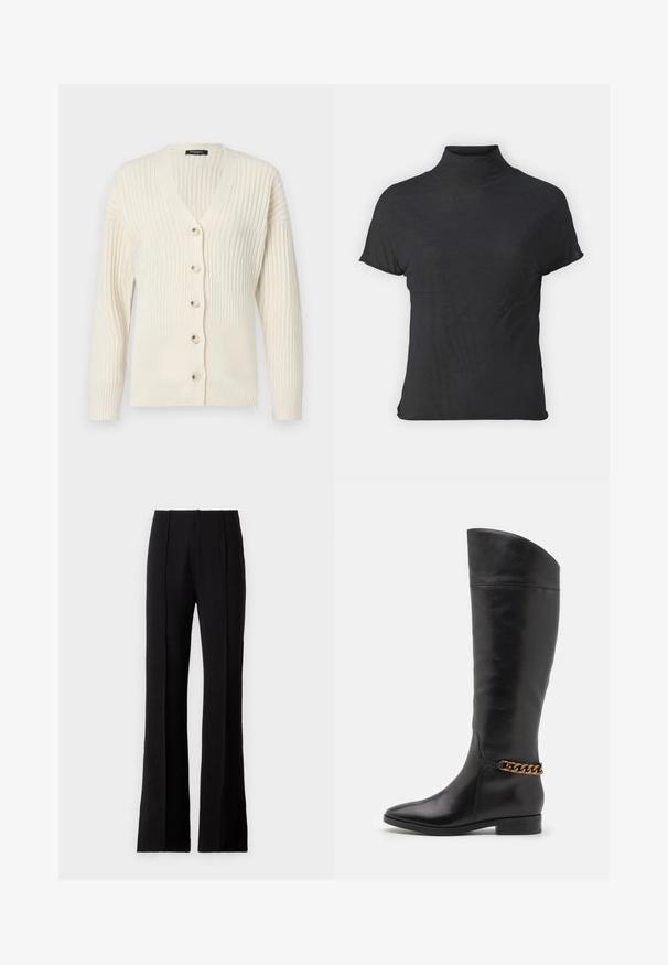Gilet côtelé de couleur crème avec un col en V, des manches longues et cinq boutons à l'avant. Texture douce avec une silhouette ajustée.; Haut noir à manches courtes avec col roulé, fabriqué en tissu léger à la texture lisse et à la coupe ajustée, présentant un col montant.; Pantalons noirs évasés en tissu lisse, avec des plis à l'avant, une taille haute et un design ajusté pour une silhouette élégante.; Bottes en cuir noir hautes au design épuré, avec un bout pointu et un accent en chaîne dorée à la cheville. Talon bas en bloc. Texture lisse.