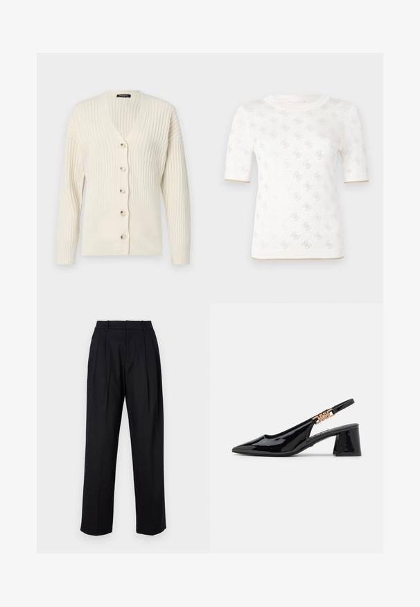 Cardigan ripetat de culoare crem, cu decolteu în V, mâneci lungi și cinci nasturi în față. Textură moale cu o siluetă ajustată.; Tricou alb cu mânecă scurtă, tricotat, cu un model subtil, având un guler rotund și un accent auriu la tiv. Textura pare ușoară și respirabilă.; Pantaloni negri cu un design tailored, având talie înaltă, pliseuri și croi drept. Realizați dintr-un material neted de culoare solidă.; Pantofi slingback din piele lăcuită neagră, cu vârf ascuțit și accesorii de culoare aurie pe curea, având toc bloc. Textură netedă.