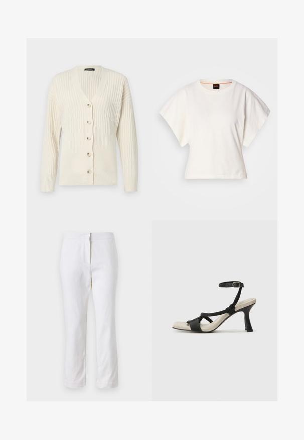 Kreemikarva ribakardigan, millel on V-avatus, pikad varrukad ja viis esist ettetootet nuppu. Pehme tekstuur ja kehakujuline lõige.; Valge lühikeste laiadte varrukatega lühike T-särk, pehme puuvillane materjal, ümar kaelus kergelt oranži ääristusega, minimaalne disain, ilma mustrite ja graafikateta.; Valged puuvillased püksid sirge lõikega, keskmise kõrgusega vöökoht ja ilma nähtavate detailide või mustriteta. Ühtlane sile tekstuur.; Mustad musta kontsaga sandaal, millel on punutud rihma disain, ruudukujuline varvas ja reguleeritav pahkluu rihm. Heleda beeži värvi jalapadi ja läikiv must konts.