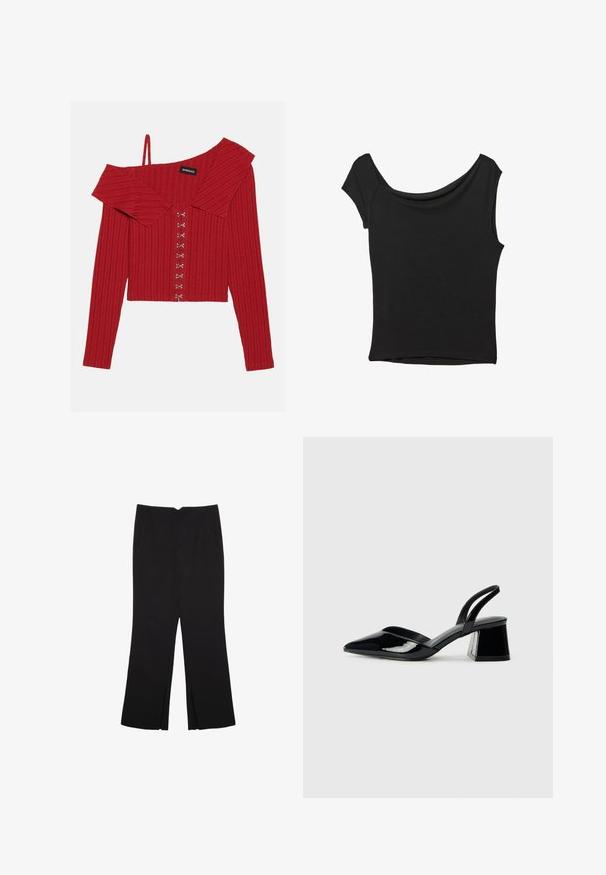 Punainen uurrettu olkaimeton paita, jossa on kaulus, pitkät hihat ja koristeellinen nappisulku edessä, valmistettu pehmeästä kankaasta.; Musta lyhythihainen paita, joka on valmistettu sileästä kankaasta; siinä on laskeutuva kaula-aukko ja epäsymmetrinen helma, sekä istuva malli.; Mustat housut suoralinjaisella leikkauksella, joissa on etutaskut ja sivurei'ät helman alla. Valmistettu pehmeästä ja sileästä kankaasta. Sopii eri tilaisuuksiin.; Mustat patentoitu nahkakengät, joissa on säären takaosa ja terävä kärki, sekä geometrinen palikkakorko. Sisältää tyylikkään, minimalistisen muotoilun ja sileän pinnan.