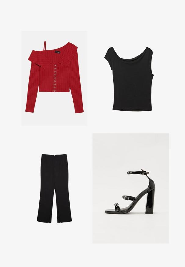 Rotes geripptes Off-Shoulder-Oberteil mit Kragen, langen Ärmeln und dekorativen Knopfverschlüssen auf der Vorderseite, aus einem weichen Stoff gefertigt.; Schwarzes Kurzarmoberteil aus glattem Stoff; hat einen drapierten Ausschnitt und einen asymmetrischen Saum, mit einem figurbetonten Körper.; Schwarze Hose mit geradem Schnitt, ausgestattet mit Fronttaschen und Seitenschlitzen am Saum. Hergestellt aus weichem, glattem Stoff. Geeignet für verschiedene Anlässe.; Schwarze patentierte Sandalen mit Absatz, quadratischer Spitze, Knöchelriemen und silbernen Schnallen. Mit einem stabilen Blockabsatz für mehr Stabilität.