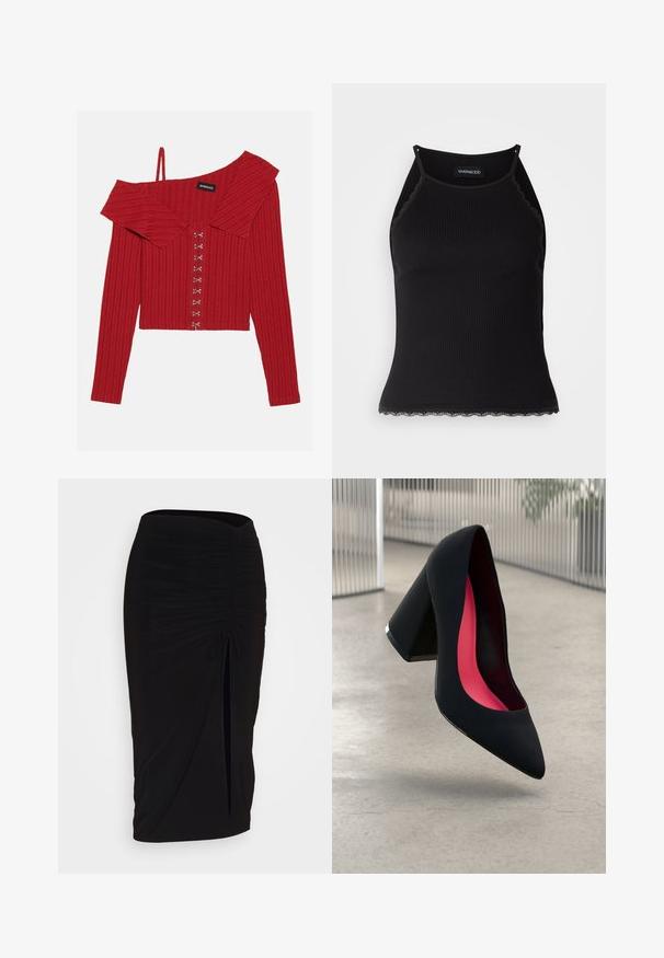 Punane sooniline õlavarre pealt avatud topp, millel on krae, pikad varrukad ja dekoratiivsed nööbid ees, valmistatud pehmest kangast.; Must mustriba top musta servadega äärega. Omab peeneid rihmu ja istuvat disaini. Valmistatud venivast kangast.; Mustast, rikutud pliiatsiseelik sidumisdetailiga ja küljes lahtise lõhenemisega. Valmistatud venivast kangast, millel on sile tekstuur ja keha lähedane lõige.; Mustad must kõrged kontsad, terava ninaga, tekstuurse pinnaga ning erksa roosa sisemusega. Omab paksu kontsa koos hõbedase aktsendiga.