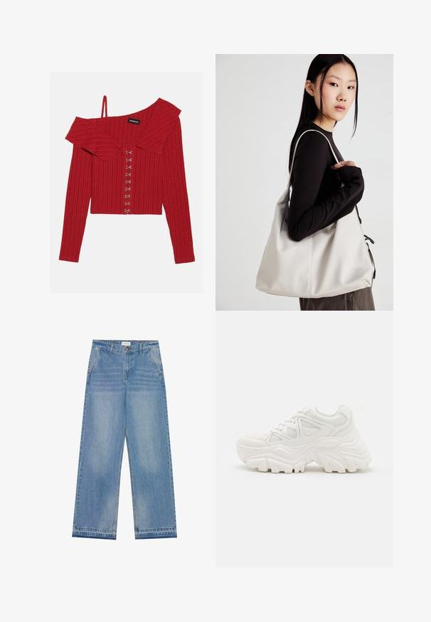 Sarkans ribots off-shoulder tops ar apkakli, garām piedurknēm un dekoratīvām pogu aizdares detaļām pa priekšu, izgatavots no mīksta auduma.; Balts bez piedurknēm tops ar apaļu kakla izgriezumu. Izgatavots no gludas auduma, tam ir brīvs piegriezums un minimālistisks dizains. Nav nekādas rakstainības vai akcentu.; Gaiši zila augsta jostasvieta plaša ar biksēm ar pogu aizdari, priekšējām kabatām, jostas cilpiņām un vieglu izbalējušu apdari.; Baltas masīvkājas sporta apavi ar strukturētu virsu, sieta paneļiem un biezu gumijas zoli ar izteiktu protektora rakstu. Iekļautas auklas un cilpa uzvilkšanai.; Bežs rokassoma, izgatavota no mīksta materiāla, ar brīvu dizainu, izšūtu apdari un divām plecu siksnām. Piemērota ikdienas lietošanai.