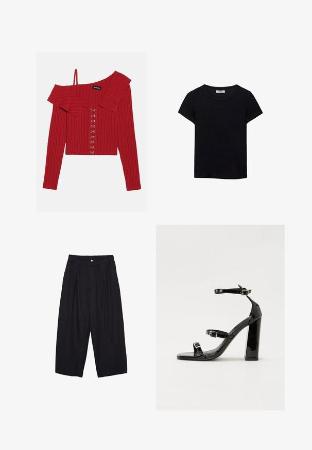 Červený žebrovaný top s odhalenými rameny, límečkem, dlouhými rukávy a dekorativními knoflíkovými uzávěry po celé přední části, vyrobený z měkké látky.; Černé tričko s krátkým rukávem vyrobené z měkké látky. Má klasický kulatý výstřih a volný střih. Žádné vzory nebo akcenty nejsou viditelné.; Černé polyesterové culotte kalhoty s elastickým pasem, dvěma předními sklady a volným siluetou. Žádné viditelné vzory ani kovové detaily.; Černé lakované sandály na podpatku se čtveratou špičkou, lýtkovými pásky a stříbrnými přezkami. Disponují masivním blokovým podpatkem pro stabilitu.