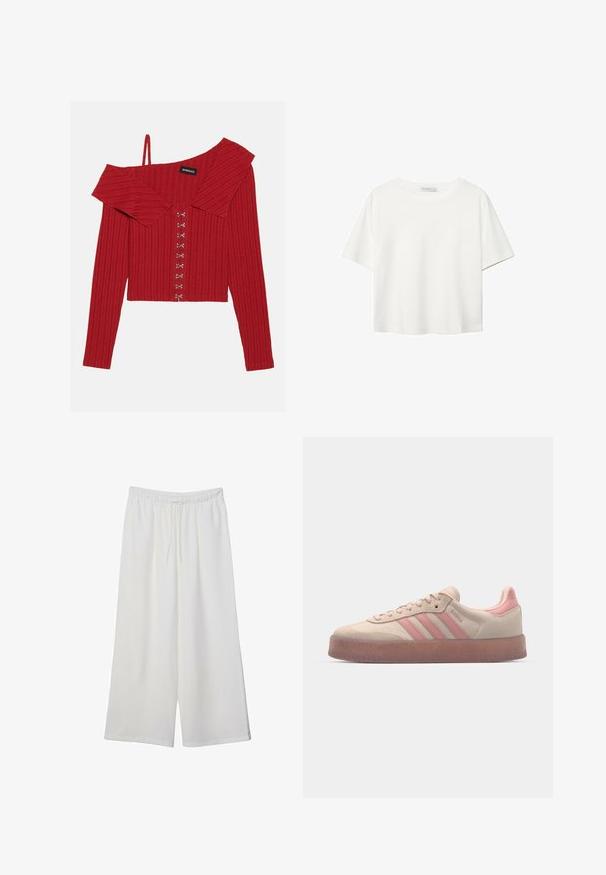 Červený rebrovaný top bez ramienok s golierom, dlhými rukávmi a dekoratívnymi gombíkmi po celej prednej strane, vyrobený z mäkkej tkaniny.; Biela krátkopsová tričko vyrobené z bavlny. Má okrúhly výstrih a voľný strih. Hladká textúra bez viditeľných vzorov alebo akcentov.; Biele široké nohavice z ľahkého materiálu s elastickým pásom a šnúrkou na nastavenie veľkosti. Hladká textúra.; Béžové semišové tenisky s jemne ružovými akcentmi, štruktúrovaná gumová podrážka a tri ružové pruhy na boku. Zaoblená špička a šnurovací dizajn.